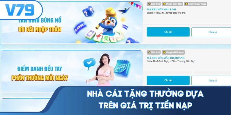 Nhà cái tặng thưởng dựa trên giá trị tiền nạp